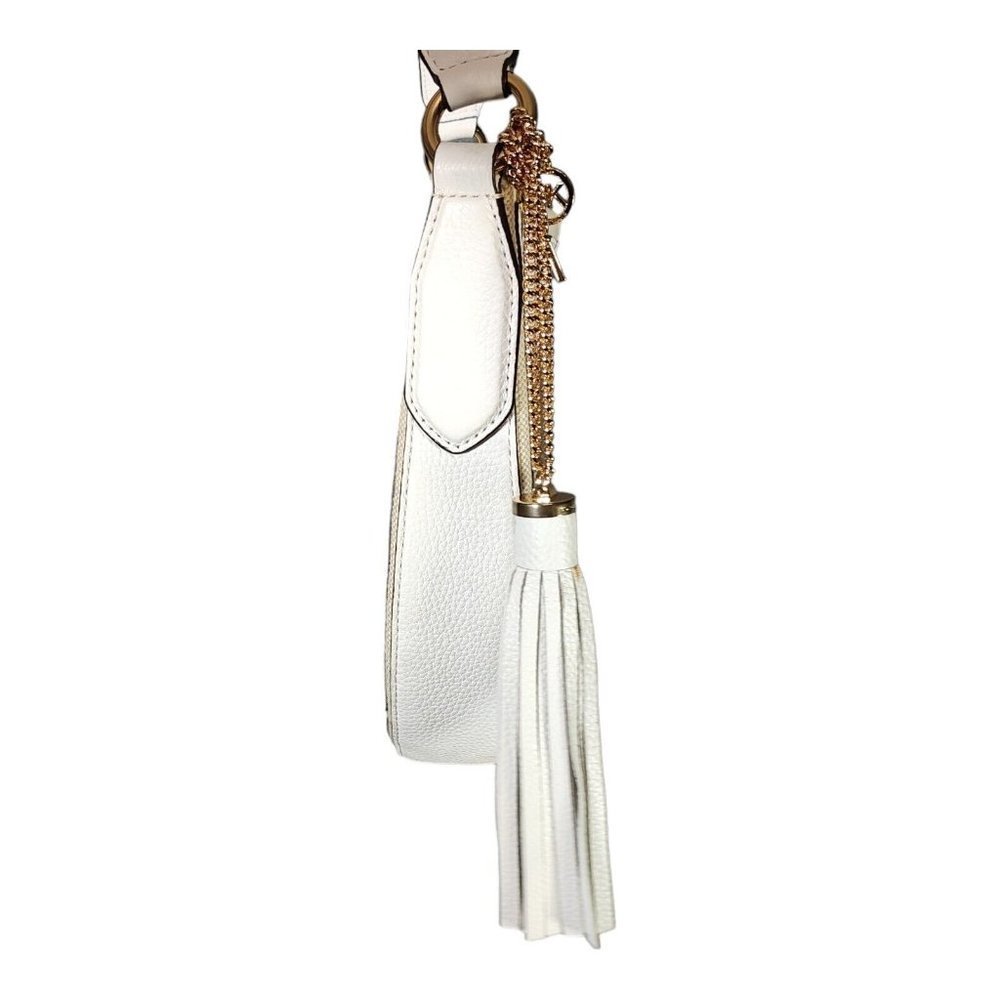 Michael Kors Brooklyn Appliqué Hobo Shoulder Bag White Leather Tassel Gold Logo - Picture 4 of 8